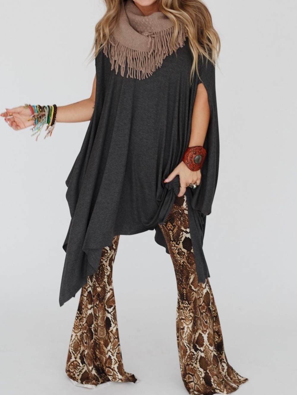Three Bird Nest Wren Tunic Boho Oversized Swing Top Charcoal One Size Fits Most